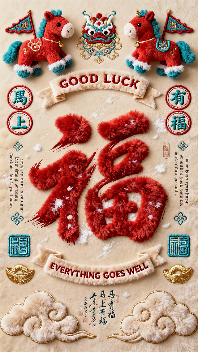 国潮刺绣风融合毛发生长质感，大字“福”立体蓬松，搭配中式祥云、舞狮与木马，重拟物设计彰显喜庆民族感，传递新春祝福。