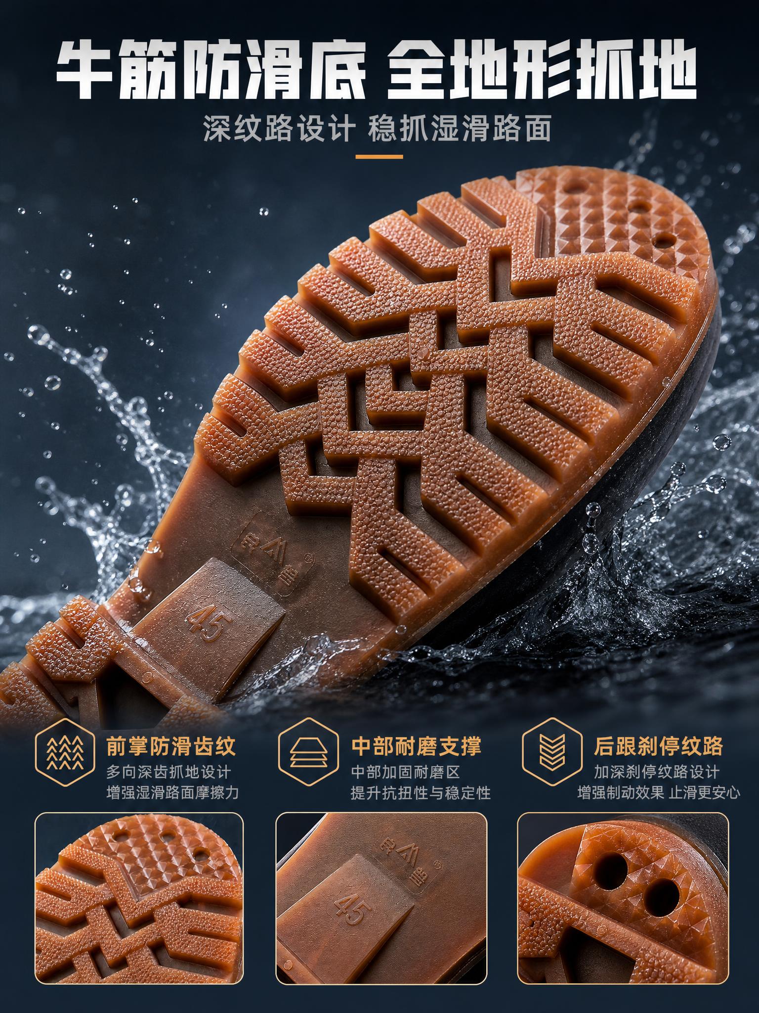 详情页第3张鞋底结构详解页，牛筋防滑底全地形抓地。画面中央偏上… - 图片创意预览