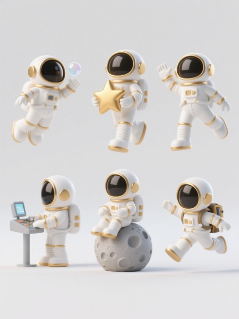 白色背景，3D卡通风格宇航员系列素材集合，六个完全不同元素内容的宇航员形象规整排布，保持统一的Q版可爱造型、白色宇航服搭配金色细节装饰、光滑的材质质感和明亮的光影效果，每个宇航员分别进行不同的活动：第一个宇航员漂浮着吹泡泡，第二个宇航员抱着一颗星星，第三个宇航员在太空行走并挥手，第四个宇航员坐在月球上休息，第五个宇航员正在操作控制面板，第六个宇航员背着背包跳跃，整体构图对称平衡，元素清晰分离，……预览效果