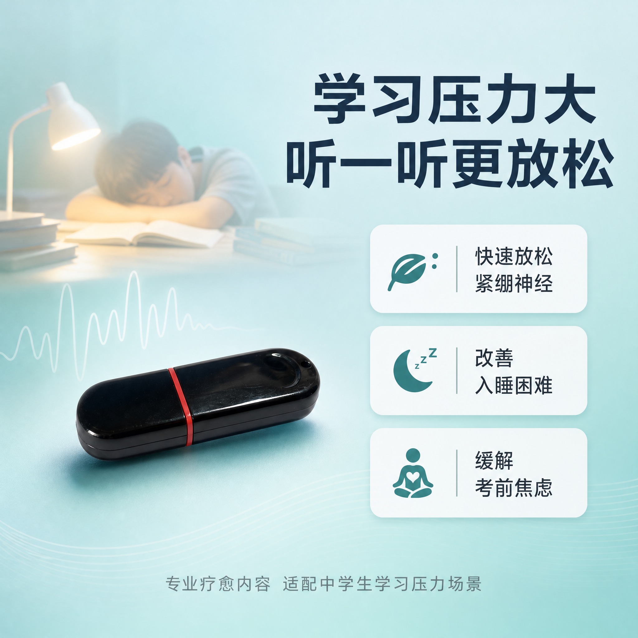 淘宝方形主图，极简疗愈功能卖点海报风格，柔和蓝绿色渐变背景，带… - 图片创意预览