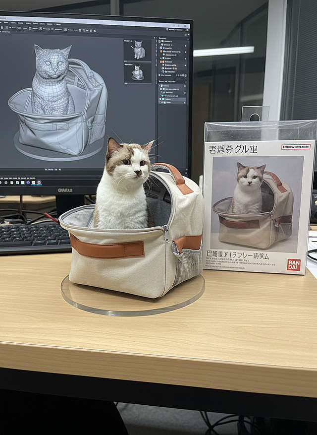 将这个图片制作成一个商业化1/7比例手办，风格写实，环境逼真。手办放置在电脑桌上，配有一个圆形透明亚克力底座，底座上没有文字。电脑屏幕上显示着手办的Zbrush建模过程。电脑屏幕旁边是一个万代风格的透明玩具盒，上面印有原始画作。