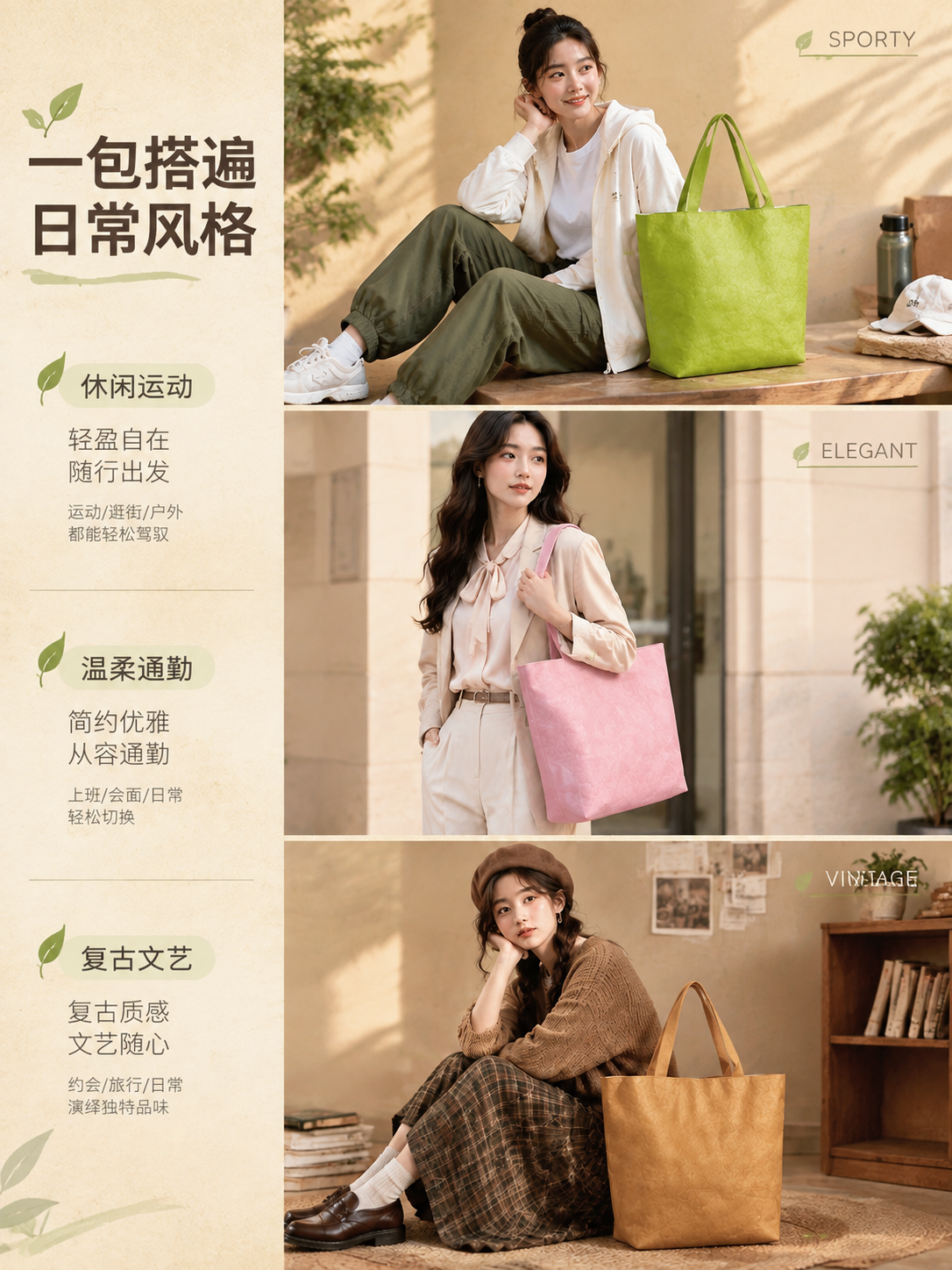 [商品] 使用【图9】三色杜邦纸托特包搭配三种风格造型（果绿-… - 图片创意预览