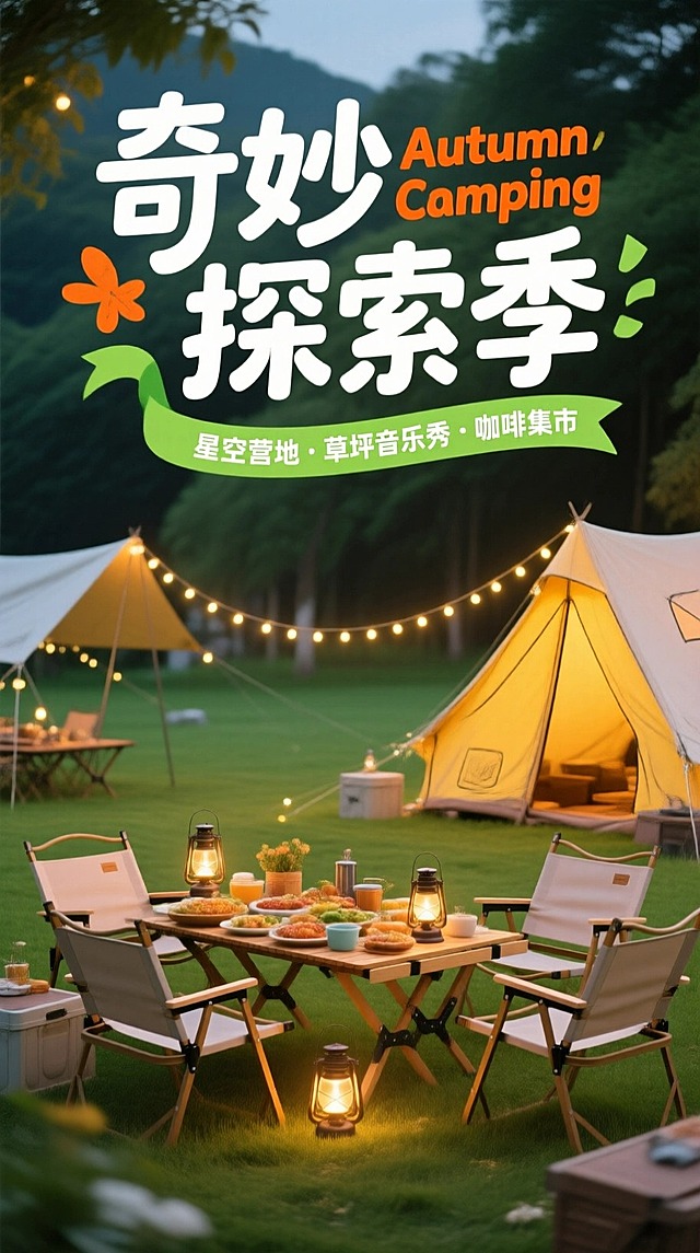 画面上方有白色艺术字标题“奇妙探索季” ，橙色小字“Autumn Camping ”搭配橙色手绘小花，绿色飘带标注 “星空营地・草坪音乐秀・咖啡集市”；中间是露营桌椅，摆放着美食、灯具等露营装备，背景为绿意草地与露营帐篷，搭配串灯营造温馨氛围。