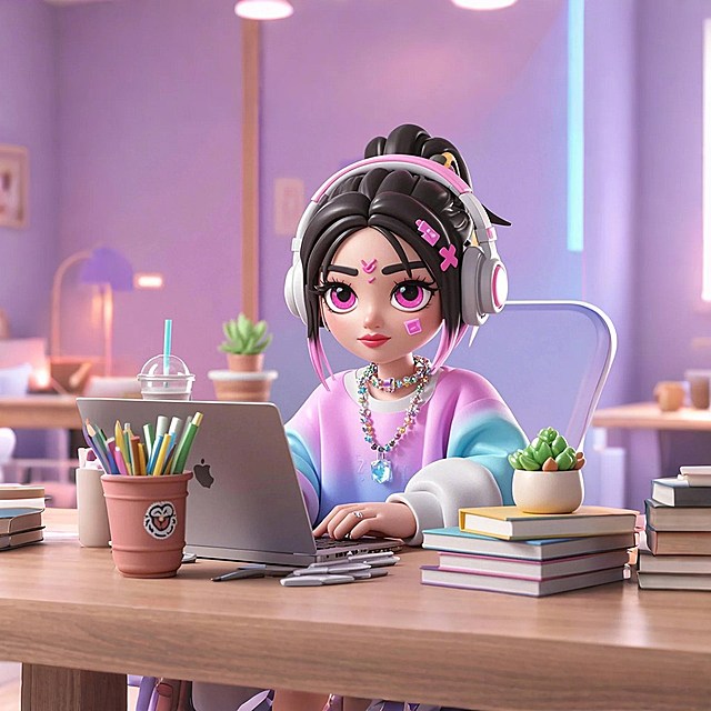 一个女孩坐在桌子后面，在笔记本电脑上工作。女孩戴着耳机，旁边放着一杯奶茶。桌子上堆放着书籍和一盆多肉植物。明亮的渐变色背景。
