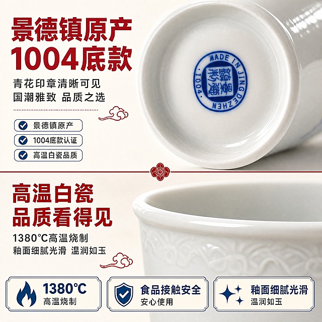 [主图-3] 材质细节与品质 1004底款与高温白瓷品质证明。
[统一基调] 拼多多风格 大字直白 国潮雅致 洁净通透 主色米白+中国红+青花蓝 标题字色中国红 辅助字色深灰 强调色青花蓝 字体为粗黑体 字号层级分明 卡片圆角轻描边 整体明亮通透。
[画面] 画面上半部分展示杯子底部特写 清晰呈现1004底款青花印章图案 MADE IN JINGDEZHEN 字样环绕 底款蓝色纯正 字迹清晰 下半部分展示杯口边缘微距特写 可以看到釉面光滑细腻 杯口圆润 厚度均匀 中间用分割线区隔 左侧配品质标签 高温1380℃ 景德镇原产 食品接触安全 产品占画面70%。
[光影质感] 商业摄影质感 侧逆光打在杯底 突出底款青花蓝色泽 釉面有柔和高光 杯口边缘圆润反光 整体干净专业 体现品质感。
[配色] 背景浅米白 标题中国红 辅助文字深灰 底款青花蓝 杯子白瓷本色。
[文字版式] 顶部大标题粗黑体中国红 景德镇原产 1004底款 底部三个品质标签 1380℃高温烧制 食品接触安全 釉面细腻光滑 文字放在画面上下负空间 不遮挡细节展示。
[输出要求] 比例1:1 2048px 文字清晰可读 底款和杯口细节清晰 无变形 无错字 无水印 无平台Logo。