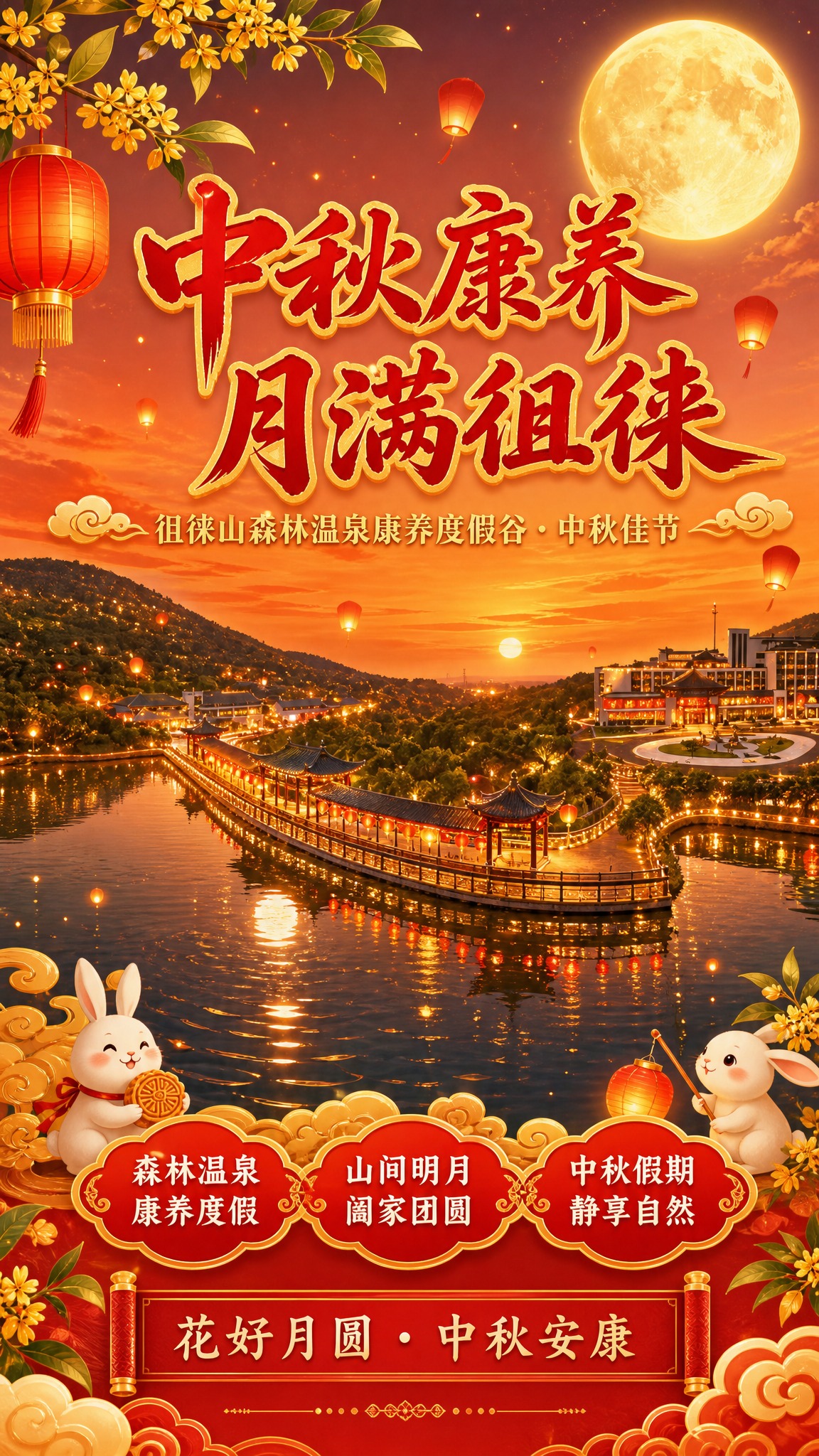 基于徂徕山森林温泉康养度假谷的风景全景图，制作一张喜庆热闹的中… - 图片创意预览