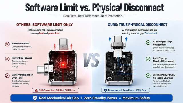[第4屏] 功能实测对比 - 普通软件限流方案 vs 物理真断电方案PK对比页。本屏使用【图3】作为对比展示参考。
[氛围/风格] 工业简约实拍风，客观对比感，数据可视化呈现，面向海外采购批发商。
[元素布局] 画面左右分栏对比，左侧为"Others: Software Limit Only"普通方案，右侧为"Ours: True Physical Disconnect"本产品方案；中间"VS"大字分隔；两侧各有充电器内部结构示意图，左侧显示红色发热、电流仍在流动，右侧显示蓝色机械弹出、零电流气隙；产品外形结构与输入产品图一致；上方和下方预留文字区域；背景为浅灰#F5F7F9基底，左右两侧有微弱的红/蓝色调区分。
[光影质感] 整体明亮均匀，左侧红色警示光，右侧蓝色科技光，中间VS区域高光突出对比感。
[配色色系] 全局底色 #F5F7F9 浅灰基底；左侧红色警示色；右侧商务蓝 #0066CC + 绿色 #25D366；文字深灰。
[视角构图] 左右对称对比构图，中间VS为视觉焦点，阅读动线从顶部标题 → 中间对比图 → 底部结论。
[文字版式] 顶部居中主标题 "Software Limit vs. Physical Disconnect" 大号粗体字；左侧栏标题 "OTHERS: SOFTWARE LIMIT ONLY" 红字；右侧栏标题 "OURS: TRUE PHYSICAL DISCONNECT" 蓝字；左侧3个劣势点带红色叉号图标："Heat Generation"、"Power Still Flowing"、"Battery Degradation Over Time"；右侧3个优势点带绿色对勾图标："AI Intelligent Chip Recognition"、"Auto Pop-Up Physical Disconnect"、"Zero Standby Power, No Trickle Charging"；底部蓝色结论条 "Real Mechanical Air Gap + Zero Standby Power = Maximum Safety"。
[比例分辨率] 1920px宽全屏横版，约16:9比例，4K分辨率，文字清晰可辨，高清画质。
[负向提示词] 产品变形，结构错误，颜色偏差，水印，文字错乱，文字过小，卡通风格，花哨装饰，贬低竞品品牌。