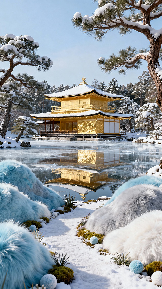 侧拍全景，冬日的金阁寺覆着薄雪，金箔外墙在阳光下依旧耀眼。下方湖面结起厚冰，清晰倒映出金阁与周围的松林，松林披雪枝干遒劲，小径覆雪无人踏足，日式庭院的静谧与冬日纯净感拉满。