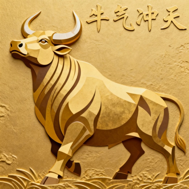 浮雕画质，金牛，平面画，侧面，牛气冲天，昂头预览效果