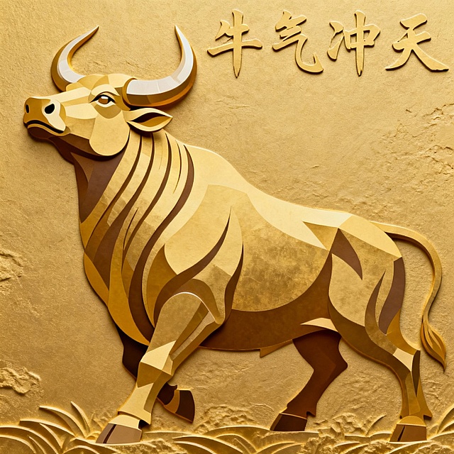 浮雕画质，金牛，平面画，侧面，牛气冲天，昂头