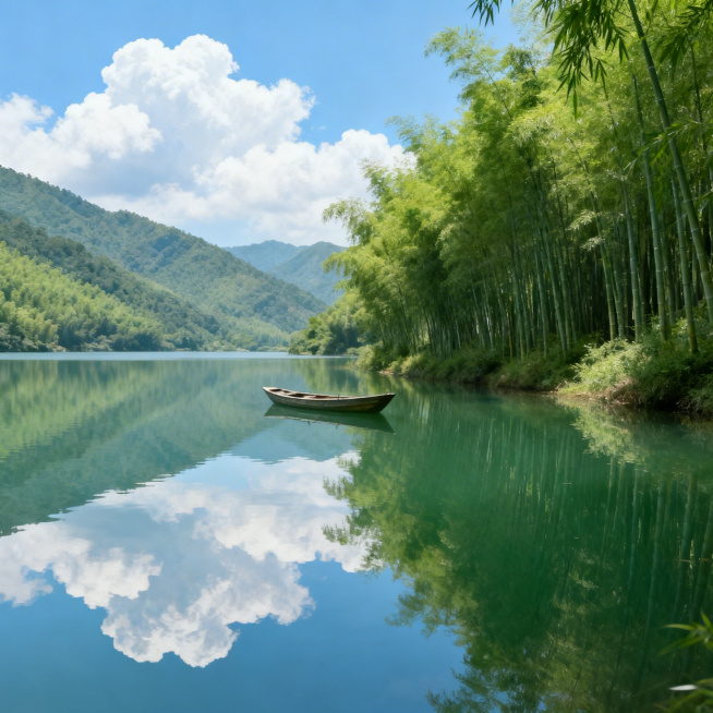 超写实山水摄影，青山绿水，湖面平静如镜，清晰倒映蓝天白云与岸边翠绿竹林，一叶小舟轻泛湖面，画面干净治愈，自然光柔和通透，细节细腻真实，质感清新自然预览效果