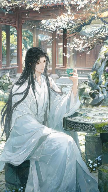 古风插画，画笔勾画细节，笔触细腻，肌理，柔焦，微闪，cg半厚涂，唯美手绘，超高清画质。 古风美男，墨发垂落，汉服，坐姿，手拿酒杯（石桌石凳）光影斑驳，古风庭院，天井，石头，青苔，花，树，细节精细刻画，预览效果