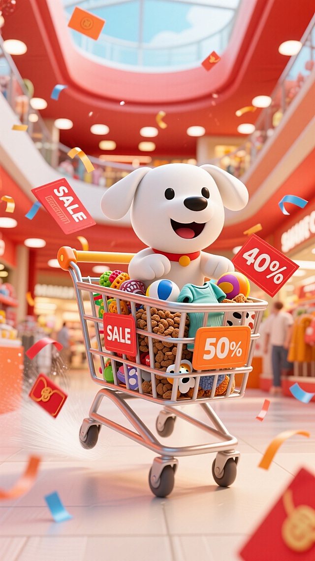 一个白色小狗开心的坐在购物车快速向观众方向冲的强动态感，购物车里面是狗粮、玩具球、宠物衣服等各类宠物用品，四周漂浮彩带、红包，点缀红色优惠券，上面是“SALE” 标签、“40%”“50%” ，背景商场中庭，纵深感，橙红色配色
