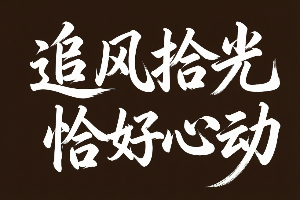 参考上传图片风格，生成活动主题"追风拾光 恰好心动"海报艺术字，保持风格一致：豪放毛笔书法，笔画苍劲有力，粗细对比强烈，锋芒明显，分两行排列：第一行"追风拾光"，第二行"恰好心动"，深棕色干净背景，字预览效果