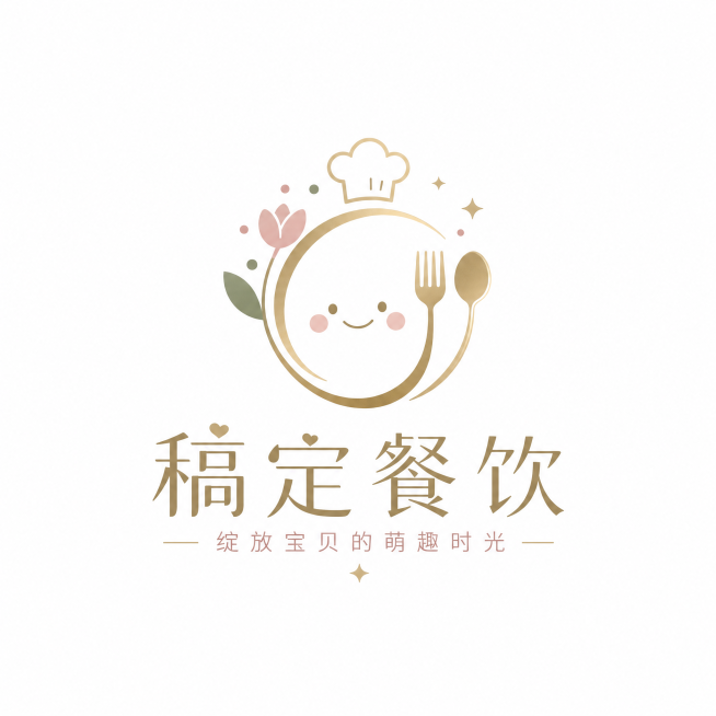 重新设计一个高级简约风格的餐饮品牌LOGO，品牌名称为“稿定餐饮”，品牌口号“绽放宝贝的萌趣时光”，保留童趣但设计更精致高级，质感高端，色彩优雅，包含完整文字信息预览效果