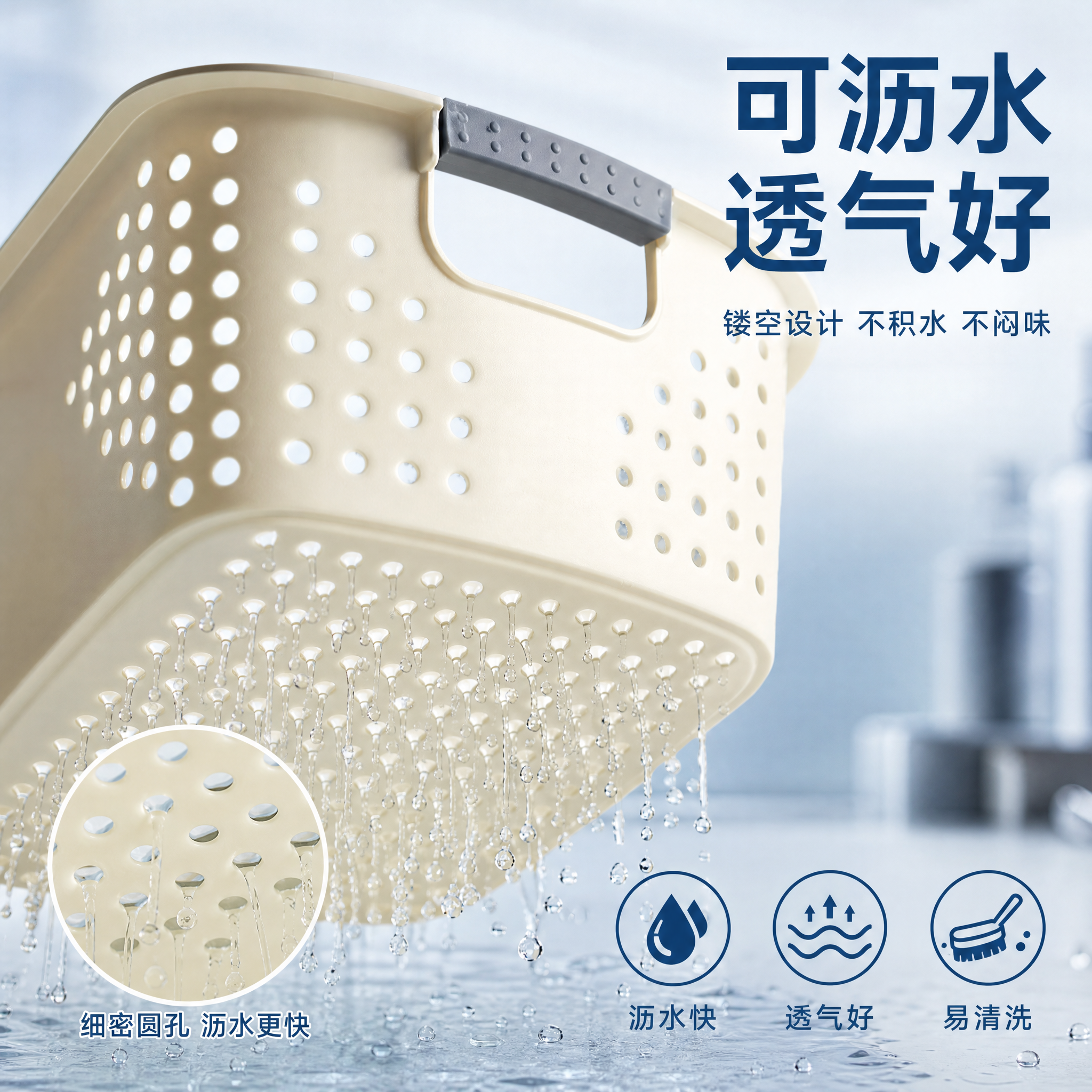 [主图-3] 收纳篮沥水透气材质细节特写图。 [氛围风格] 清… - 图片创意预览