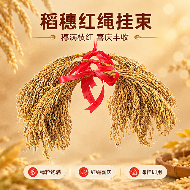 [商品] 使用【图1】稻穗捆红绳装饰挂束；保留干稻穗金黄色、编织红绳蝴蝶结、稻穗弧形下垂结构、捆扎金线、整体造型比例与材质；商品处理：保留稻穗自然垂坠感与红绳缎面光泽，去除背景褶皱，让产品轮廓更清晰。
[画面] 目标为氛围头图，突出丰收喜庆的整体视觉印象；居中构图，稻穗挂束悬挂展示，产品占画面65%；前景有虚化稻穗穗粒点缀，中景为清晰的稻穗红绳主体，后景为暖米色渐变背景+柔和光斑；阅读动线从上到下，上方留白放标题。
[视觉] 套系策略：风格=新中式丰收喜庆商业摄影；标题字=阿里巴巴普惠体粗体；正文字=阿里巴巴普惠体常规；主色=暖金稻黄色；背景延展=基于暖金稻黄做深浅层级、同色渐变和细腻宣纸/麻布质感；强调色=正红色，仅用于小面积图标、引线和标签；标题色=深棕红；正文色=暖棕灰；组件=圆角米白底信息卡、细金线引线；光影=左前侧暖柔光，右侧柔和补光。
[文字] 上方居中主标题「稻穗红绳挂束」，副标题「穗满枝红 喜庆丰收」；下方左右分布3个短卖点：穗粒饱满、红绳喜庆、即挂即用；文字区不遮挡稻穗主体与红绳蝴蝶结；所有文字横向排版。
[规格] 图片比例1:1，4K分辨率，负向提示：避免变形、错字、文字过小、冷蓝/蓝灰背景、稻穗颜色改变、结构失真、极限词、违禁词、标志图案、水印、二维码。