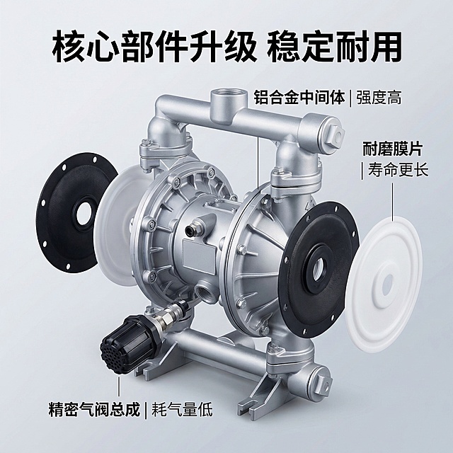 [主图 3：核心部件展示]：[垫图] https://gdesign-dam-hz.dancf.com/35944874468955248/5516a55b11a94950a2ca4fdfad9f79e2.png [主图主题] 铝合金气动隔膜泵核心部件展示 [氛围/风格] 工业科技风，冷调硬光，清晰严谨 [画面元素] 泵体分解图展示：中间体（铝合金）、夹布橡胶膜片、特氟龙膜片、气阀体依次有序排列在泵体周围，背景为浅灰色渐变，光影硬朗突出各部件质感，全屏无边框。 [配色色系] 主色调：金属银（铝合金部件）、黑色（橡胶部件）、白色（特氟龙部件）；辅助色：浅灰（背景） [视角构图] 平视角度，各部件清晰展示无遮挡 [文字版式] 顶部主标题“核心部件升级 稳定耐用”，每个部件旁悬浮对应卖点文字：“铝合金中间体 | 强度高”、“耐磨膜片 | 寿命更长”、“精密气阀总成 | 耗气量低”，字体为无衬线体白色，文字不遮挡部件主体。 [比例分辨率] 1:1 比例，2k 分辨率