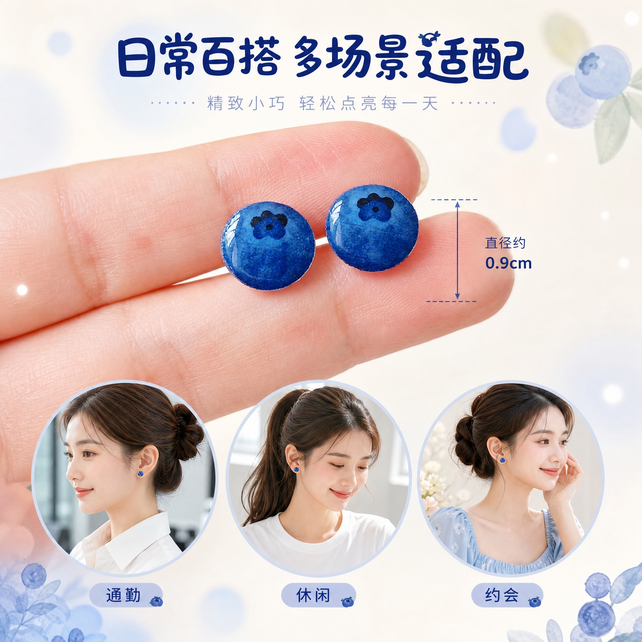 [主图-5] 蓝莓耳钉尺寸展示与多场景搭配图，展示产品大小与日… - 图片创意预览