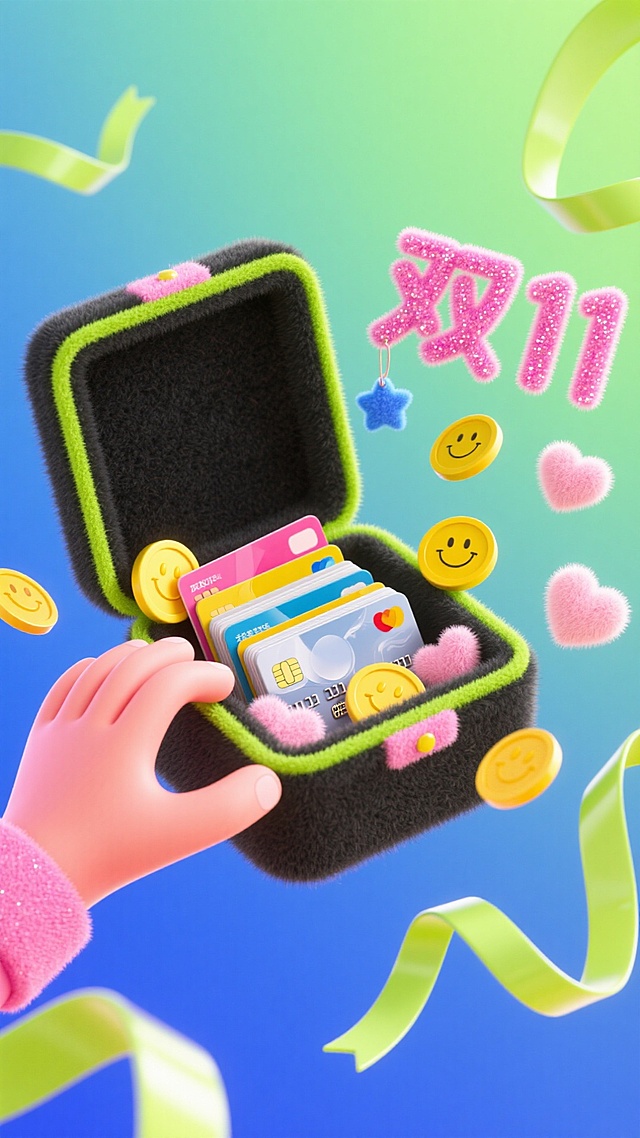 主体为黑色毛绒质感的方形收纳盒，盒边用鲜绿色包边装饰，一只粉红色的手从画面左下方伸出，指尖扣住盒盖使其完全敞开朝向镜头，盒内整齐叠放着多张银行卡，还散落着闪现金粉的金币与柔软的粉色毛绒爱心。收纳盒周围以向心状悬浮着各类潮流元素：“双 11” 艺术字采用粉色植绒材质，边缘缀着细闪，紧密贴在收纳盒右侧；3 个明黄色笑脸徽章、2 个浅粉色立体爱心、2 个天蓝色星星挂饰错落分布；3 条浅绿色缎面短飘带微微弯曲，呈现出轻盈感。背景为荧光黄与荧光绿交织的渐变效果，色彩碰撞强烈，构图层次清晰，既凸显个性化潮流风格，又传递出轻松、年轻的时尚消费氛围。