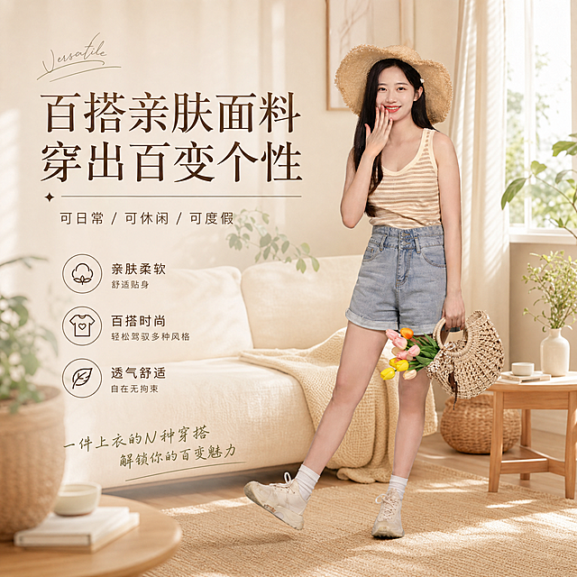 淘宝天猫营销海报，商品为店铺衣服，卖点是百搭亲肤面料，可穿搭出不同个性，整体风格为家居治愈风，保留图中的模特和穿搭，添加柔和治愈的家居背景，添加文字文案“百搭亲肤面料 穿出百变个性”，比例1:1