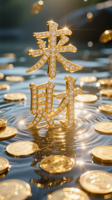 主体为金子做的“来财”，上面镶嵌珠宝，毛笔书法字体竖排版，背景：金币散落在清澈水中，暖阳光在硬币和水波纹上投射清晰高光与阴影，奢华金色调，硬币表面和水纹的精细纹理，散点构图带局部扎堆，浅景深模糊背景预览效果