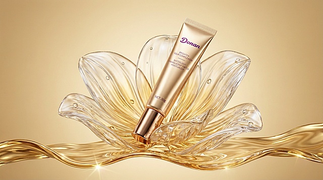 超写实奢华美妆精华海报，整体风格高级鎏金、通透精致，主色调为暖调香槟金与浅金色渐变，产品斜置于一朵巨型透明水晶质感的金色花瓣容器中（花瓣纹理流畅、光泽澄澈，呈现柔美的舒展形态）；容器下方延伸出一缕鎏金液态波纹，自然衔接画面底部，波纹带有流动的光泽折射；背景为纯净的浅金色渐变，无多余元素以突出主体；采用微侧平视视角，构图集中且层次分明，光线为柔和定向光，强化金属的高光质感、水晶花瓣的通透反光感及水珠的晶莹剔透感，细节纹理（如瓶身文字、花瓣脉络、液态波纹层次）极致清晰，整体呈现高端商业海报的细腻奢华与灵动氛围「图片1」