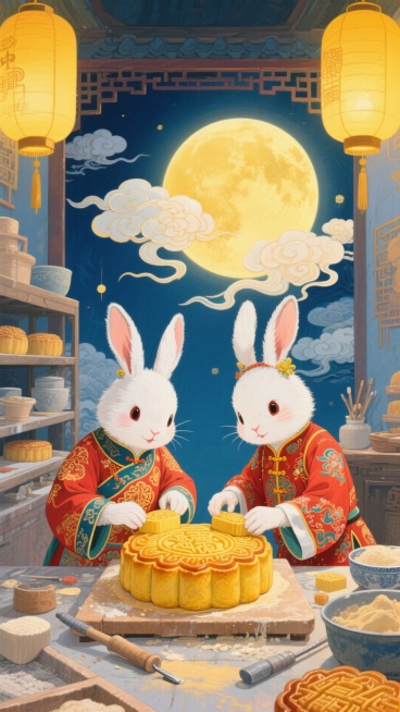 中秋节主题，2只拟人化的兔子正在制作一个大大的月饼，一个月饼工坊背景，喜庆温馨感预览效果