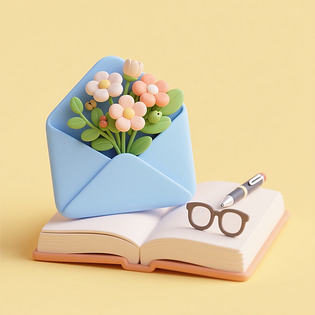 3D轻拟物风设计，信封中绽放清新花束，搭配书本与眼镜，营造温馨阅读氛围。