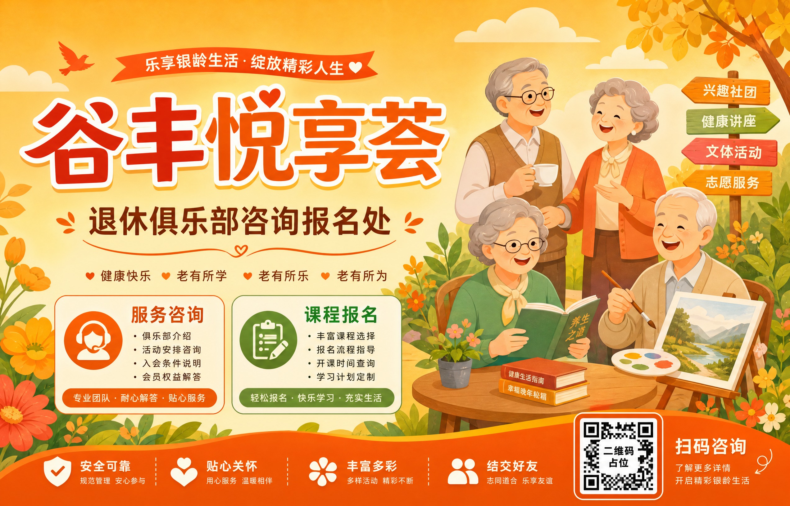 一张温馨亲切的退休俱乐部咨询报名处海报，扁平卡通插画风格。画面… - 图片创意预览