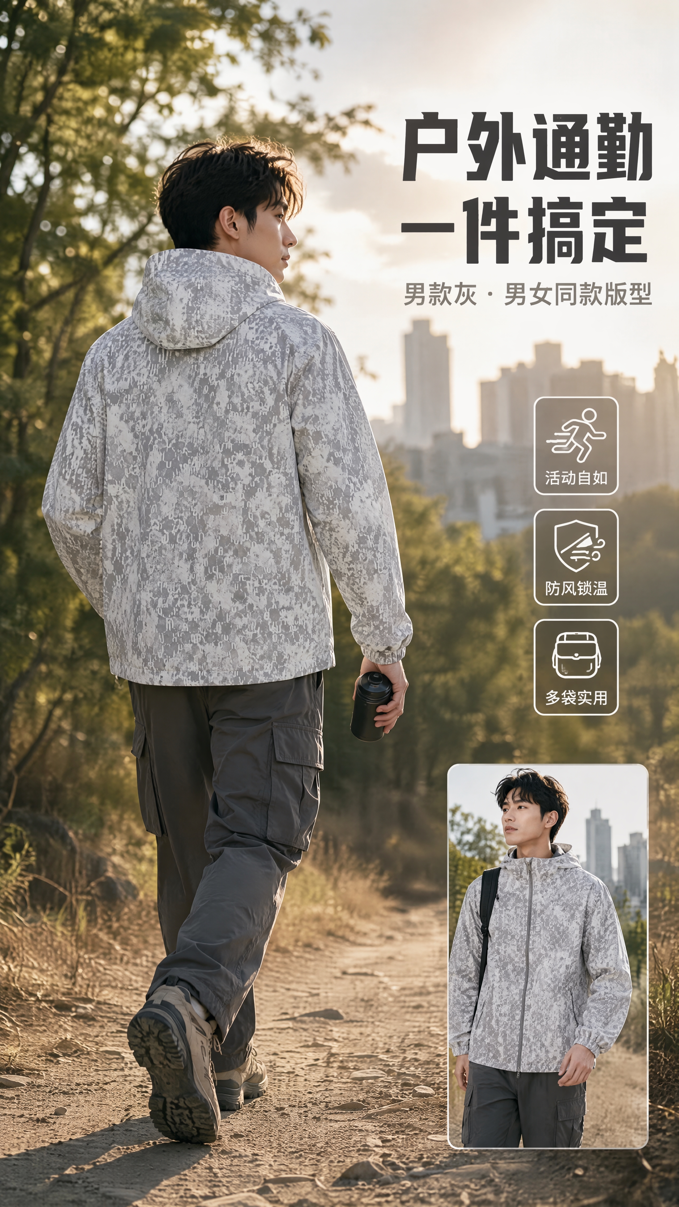 [第4张] 男款灰色模特动态场景页。本张使用【图2】男款灰色外… - 图片创意预览