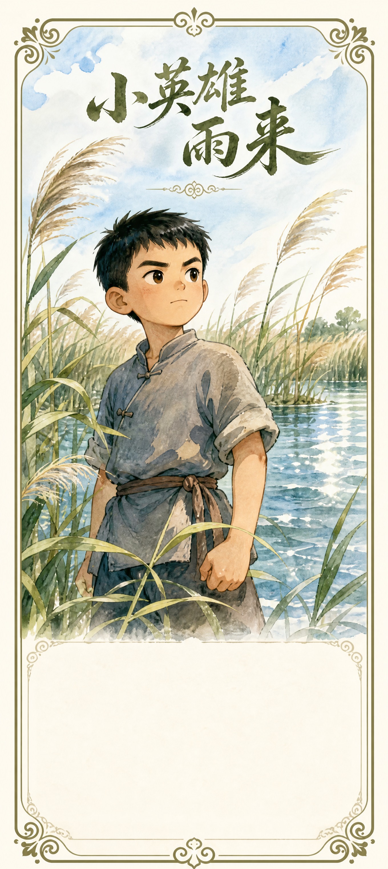 小英雄雨来主题书签，竖版长方形书签构图，画面主体是少年雨来的卡… - 图片创意预览