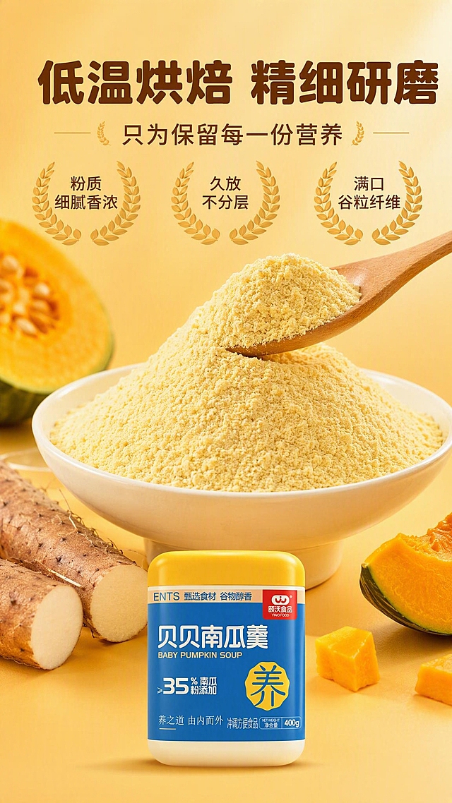 [商品] 使用【图1】贝贝南瓜羹罐装产品作底部辅助露出；保留罐体所有包装文字和颜色。
[画面] 目标：工艺卖点展示，低温烘焙精细研磨。构图：上中下结构，上方标题，中部主视觉为南瓜粉堆特写，下方产品罐。主体：画面中央一大碗细腻的南瓜粉堆成小山状，粉质细腻均匀有光泽，用木勺舀起部分粉末展示细腻质地。旁边摆放新鲜山药段、南瓜片等原料暗示食材。背景为暖黄色渐变桌面，柔和光影。产品罐放置在画面底部居中，占画面约20%。
[视觉] 套系策略：风格=温暖治愈食品商业摄影风，高级感食欲画面；标题字=现代圆润粗黑体，厚重有力；正文字=简洁无衬线体，清晰易读；主色=暖南瓜黄（#F5B841）；背景延展=基于暖南瓜黄做深浅渐变、同色系层次和细腻哑光质感；强调色=品牌蓝（#1A73C8），仅用于小面积图标、引线、标签和品牌点缀；标题色=深棕褐色（#5C3A1E）；正文色=中暖棕色（#8B6340）；组件=圆角浅黄信息卡、细线引线、圆形icon、麦穗装饰元素；光影=顶侧暖柔光，粉质细腻质感突出，柔和阴影。
[文字] 顶部大标题"低温烘焙 精细研磨"，深棕褐色粗体；副标题"只为保留每一份营养"，中号暖棕色；中部下方3个麦穗图标+卖点横向排列："粉质细腻香浓""久放不分层""满口谷粒纤维"，每个卖点配金色麦穗装饰。文字全部横向排版。
[规格] 图片比例9:16竖版，4K，medium质量。避免变形、错字、文字过小、粉质不真实、冷色调主背景、虚假功效承诺。