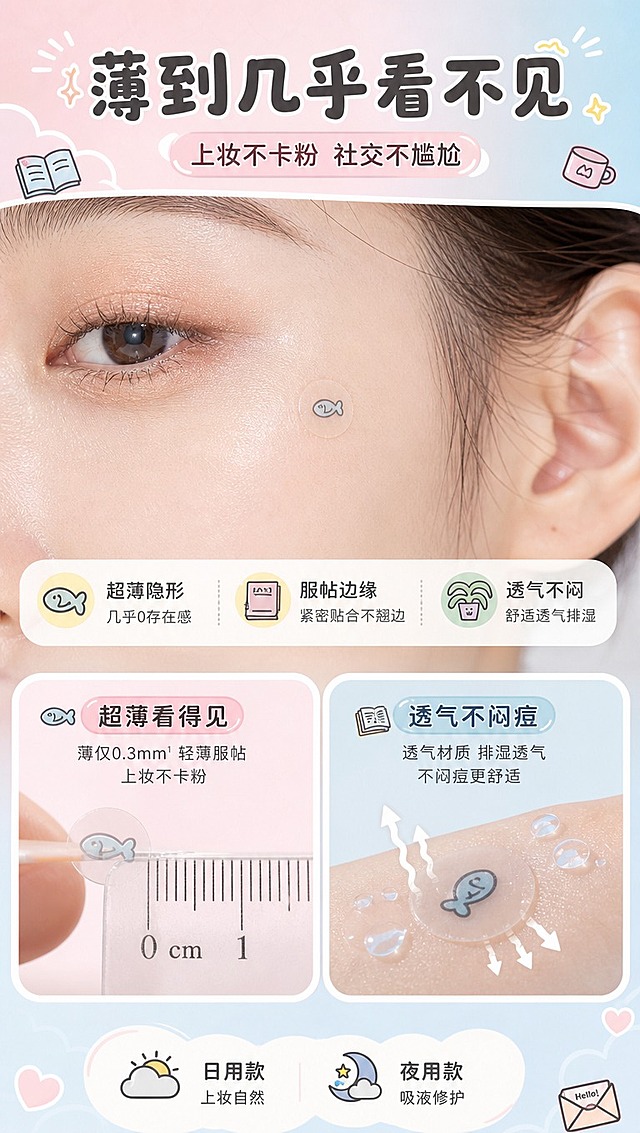 [商品] 使用【图2】痘痘贴单片细节；保留痘痘贴的圆形形状、透明边缘、办公小图标图案；展示超薄服帖的质地。
[画面] 目标：质地隐形效果展示，超薄上妆不卡粉。构图：上半部分真人脸部局部特写（脸颊/额头部位），痘痘贴贴在皮肤上，上妆后几乎隐形，边缘服帖；下半部分左侧微距展示痘痘贴厚度（用尺子/分层示意超薄），右侧展示透气孔/服帖度；阅读动线从上到下，先效果后原理。
[视觉] 套系策略：风格=可爱治愈系马卡龙插画风商业摄影；标题字=圆润卡通粗体；正文字=简洁圆润无衬线体；主色=樱花粉+雾霾蓝双色；背景延展=基于粉蓝做渐变晕染、同色系深浅层级、柔和纸张/云朵质感；强调色=奶黄色，仅用于小面积图标、引线、标签和高亮；标题色=深炭灰；正文色=中暖灰；组件=圆角奶白信息卡、虚线引线、可爱气泡框；光影=顶部柔和漫射光，整体明亮通透，软阴影。
[文字] 顶部主标题「薄到几乎看不见」，副标题「上妆不卡粉 社交不尴尬」；中部标注「超薄隐形」「服帖边缘」「透气不闷」3个卖点；底部小字说明「日用款上妆自然 夜用款吸液修护」；文字全部横排，不遮挡脸部主要区域。
[规格] 图片比例9:16竖版，4K分辨率，避免变形、错字、文字过小、医疗前后对比、夸大效果、皮肤过度磨皮失真。