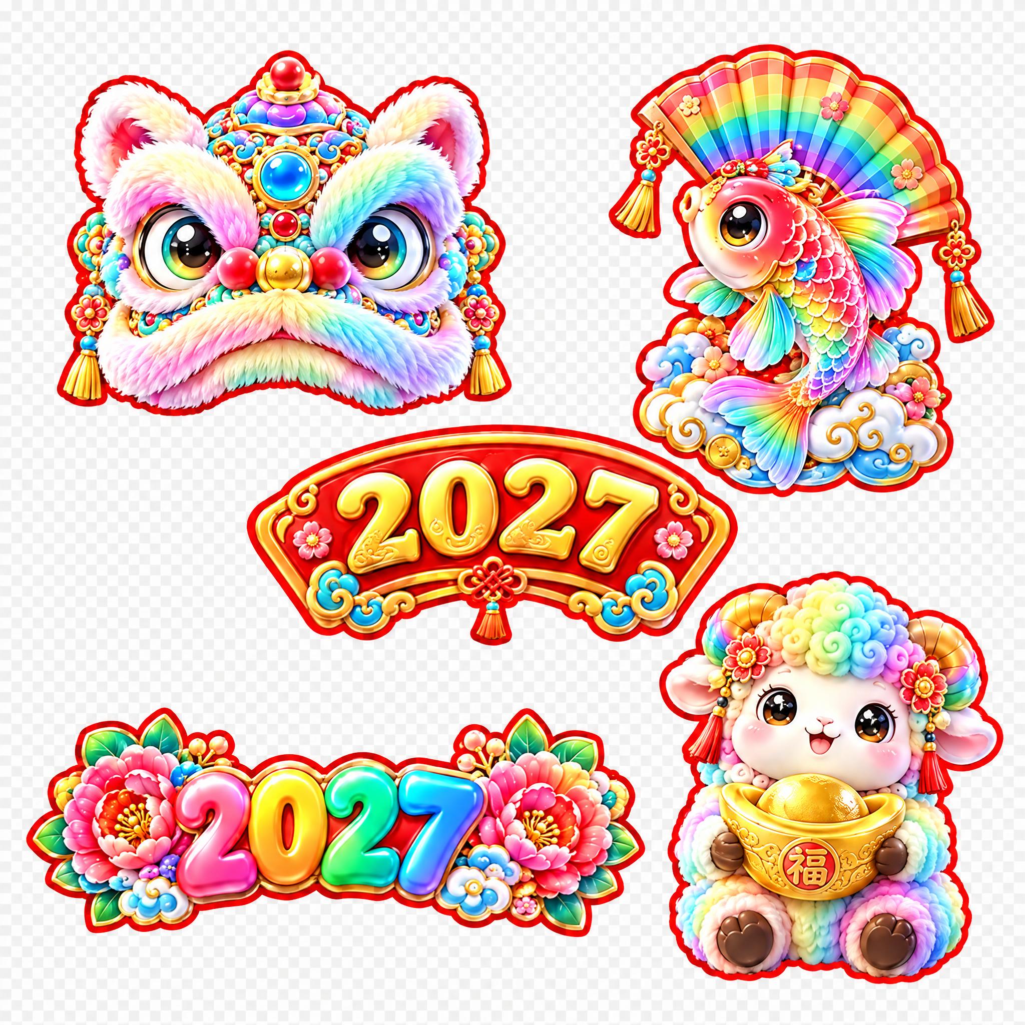 以参考图为案例，生成一套风格高度相似的2027羊年春节装饰元素… - 图片创意预览