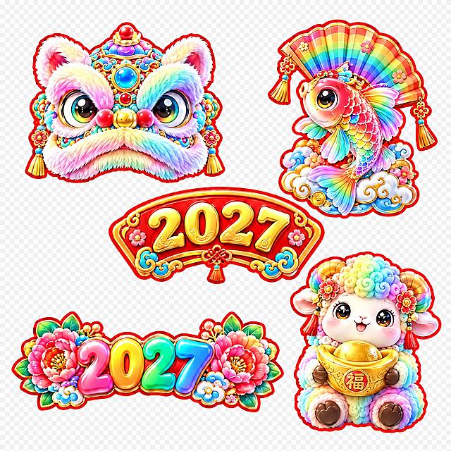以参考图为案例，生成一套风格高度相似的2027羊年春节装饰元素图案，保持3D卡通国潮膨胀风、红边描边、彩虹渐变配色、透明背景的整体特征，包含5个元素：1. 醒狮头（毛绒质感，彩虹渐变配色，大眼睛可爱造型，红边描边，装饰宝石和花纹细节与参考图不同）；2. 锦鲤配折扇（彩色锦鲤+彩虹折扇+祥云底座，红边描边，锦鲤姿态和扇子细节做调整）；3. 2027弧形牌匾（红色弧形底+金色立体2027数字，红边描边，边框装饰花纹重新设计）；4. 2027花朵装饰字（左右两侧大花朵+彩虹渐变2027数字，红边描边，花朵造型和数字质感微调）；5. 抱元宝彩虹小羊（坐姿抱金元宝，彩虹渐变羊毛，红边描边，小羊表情和元宝细节有差异）。整体风格、布局、配色与参考图高度相似，元素独立清晰，适合做春节贴纸素材。