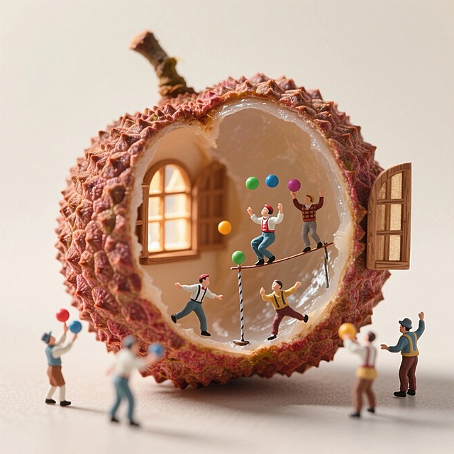 一颗巨大的荔枝外壳，果肉被掏空，外壳剥开一块，里面是一群小人在耍杂技，荔枝壳上安了窗户。