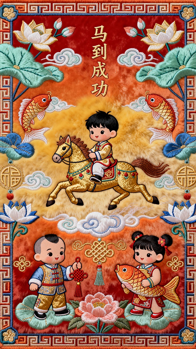 刺绣风国潮插画，融合卡通童趣与中式元素，轻拟物手法呈现马到成功主题，喜庆红金配色，寓意吉祥如意。祝大家马到成功！