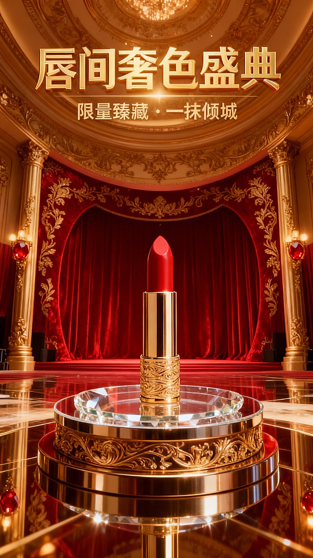 写实风，极致奢华感，主色调为高饱和亮红与镜面鎏金，场景为高端美妆发布会的金色镜面展厅，采用低角度仰视。主体置于中央双层金属圆形展台（占 30% 视觉比例，上层为透明水晶台，下层为鎏金雕花底座），口红金色管身反射灯光。背景为弧形亮红丝绒幕布（饰金色刺绣花纹），两侧立金色雕花立柱（柱头嵌红色宝石灯）。画面上方为亮金色立体文字 “唇间奢色盛典”，副标题 “限量臻藏・一抹倾城”。
