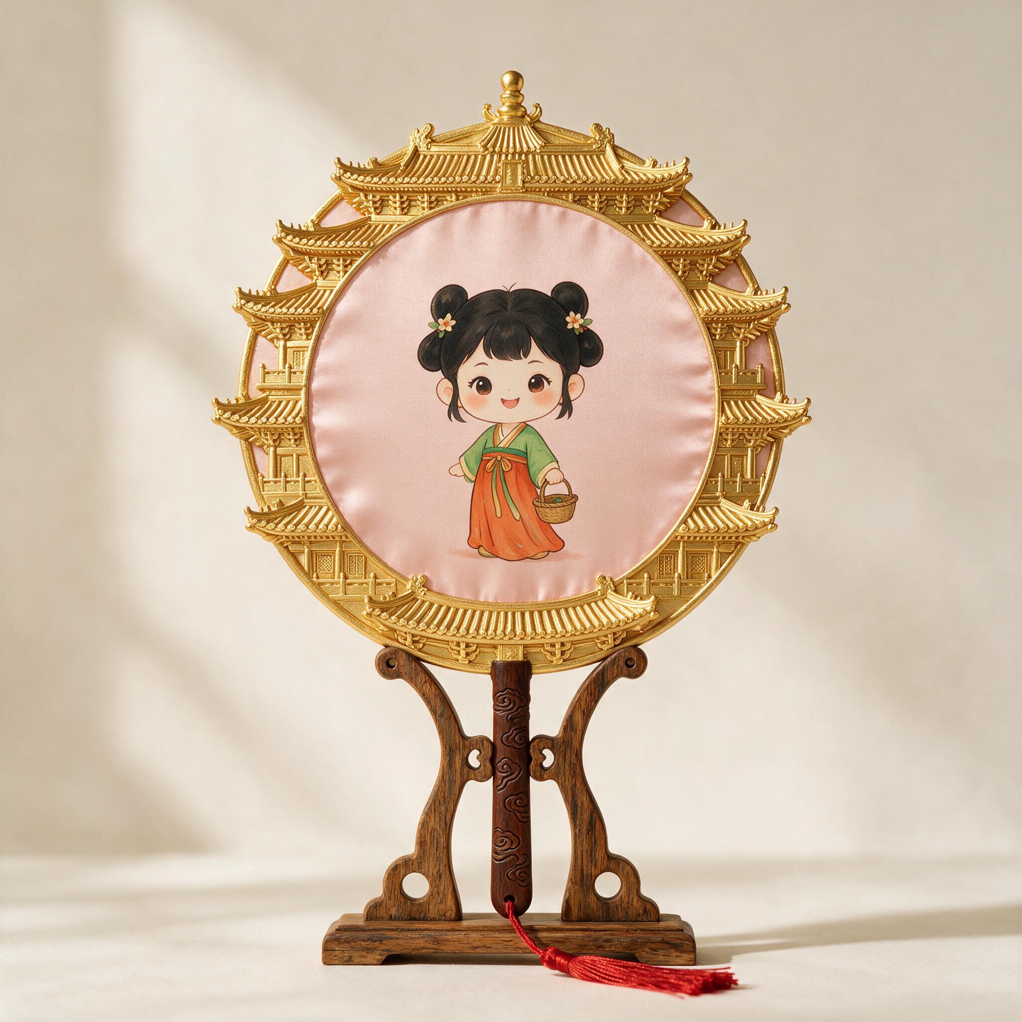 一把精美的中国风团扇产品展示图，圆形团扇。扇面主体为淡粉色丝绸… - 图片创意预览