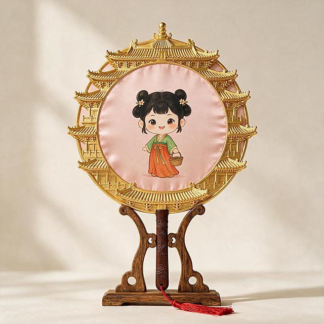 一把精美的中国风团扇产品展示图，圆形团扇。扇面主体为淡粉色丝绸质地，中央绘制着《海岛金山传奇》中的青云女孩Q版形象：黑色双发髻，发间插着枣花小花饰，身穿绿色上衣和橘红色长裙，手提小竹篮，面带甜美微笑，俏皮可爱。扇面边缘设计灵感来源于海岛金山寺万佛殿建筑：金色的三层重檐飞檐造型环绕扇面边缘一周，如同缩小的万佛殿屋檐，每一层都有精致的斗拱和瓦当纹饰，顶部有金色宝顶装饰，整体边缘呈现华丽的金色建筑浮雕效果。扇柄为深棕色木质，雕刻祥云纹路，末端系有红色流苏。团扇放置在古色古香的木质展架上，背景为淡雅的米白色，柔和的侧光照射，高端文创产品摄影风格，质感细腻，细节丰富，2K高清