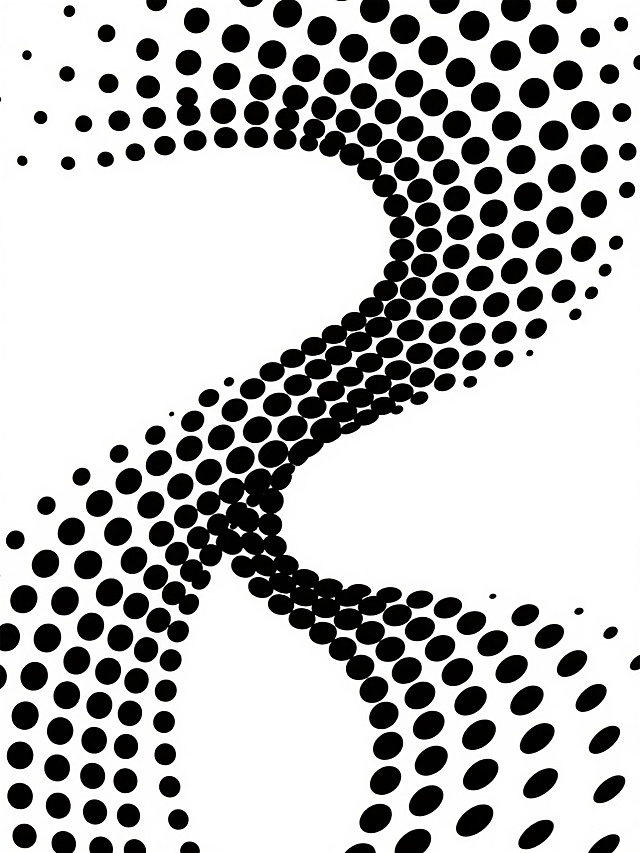 极简风格的点构成抽象图案，白色背景上由密集排列的黑色圆点组成流畅的曲线形态，圆点大小均匀一致，从曲线中心向两侧逐渐稀疏扩散，形成自然的视觉流动感，整体构图简洁现代，具有强烈的几何抽象美感和设计感，线条韵律感十足，无任何文字和logo元素。