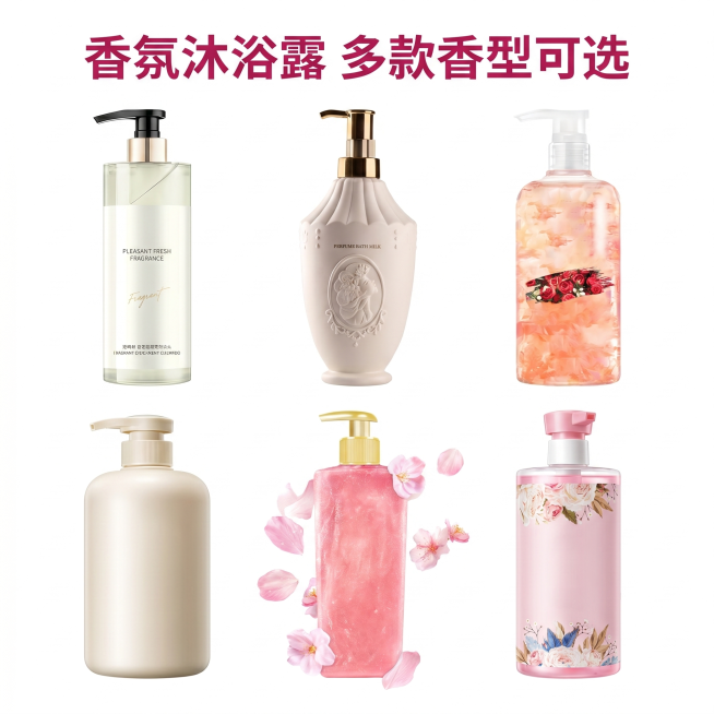 [主图 1] 六款沐浴露全系列首图，2行3列六宫格组合展示。
[氛围风格] 清新干净高级感，全系列产品展示氛围。
[画质] 商业摄影质感、光线柔和通透、产品清晰真实、画面干净高级。
[元素] 将六款不预览效果