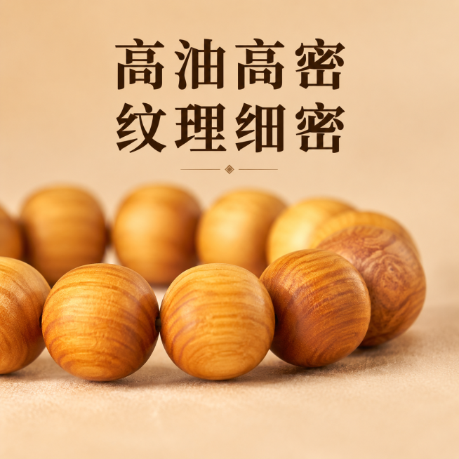 [电商主图2]太行崖柏文玩手串，突出细节展示。保留原有产品纹理和颜色，微距拍摄手串珠子表面，展示细密天然木纹和高油高密质感。背景为简洁素面浅卡其色，虚化突出纹理细节。商业摄影，清晰锐利，自然暖光。主标预览效果