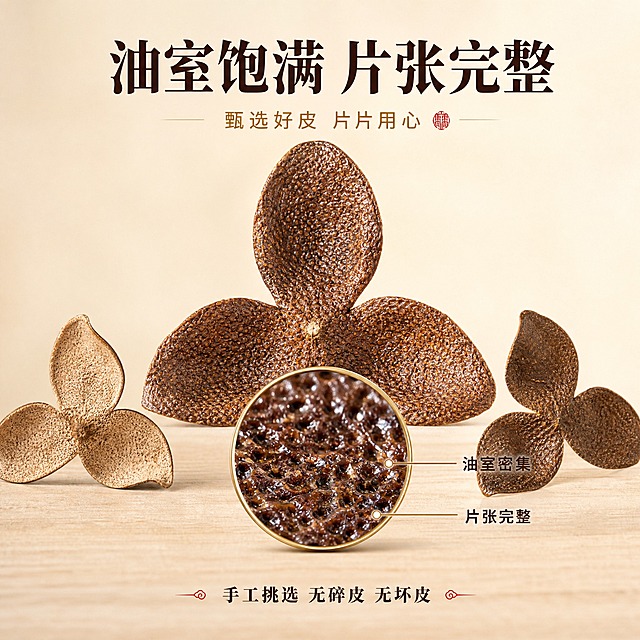[主图-3] 油室饱满片张完整卖点图，主题为品质细节展示，突出陈皮外观品质。
[统一基调] 整体国风品质感，背景主色为米白渐变配浅棕，标题字色为深棕色，辅助字色为暖金色，强调色为朱砂红，字体为粗宋黑体，字形厚重有力量感，整体干净通透，突出产品细节。
[画面] 画面中央偏上放置一片完整展开的新会陈皮，呈三瓣开皮形状，片张完整无碎裂，边缘整齐。陈皮正下方有一个圆形放大镜效果区域，放大展示陈皮表面的油室细节，油室密集饱满、颗粒清晰可见，放大镜边缘有细金色边框。陈皮左右两侧各有一片稍小的陈皮作为衬托，一片展示正面，一片展示背面。背景为干净的米白到浅棕渐变，底部有淡淡的木质桌面纹理。产品主体占比约65%。
[光影质感] 柔和自然光从正上方偏前照射，陈皮表面油室有清晰的高光点，纹理细节毕现，底部有自然柔和的接触阴影，整体通透干净，微距级细节展示，商业摄影级品质。
[配色] 米白、浅棕、深褐、暖金、朱砂红，背景干净明亮，突出陈皮本身的色泽和纹理。
[文字版式] 画面上方居中大标题"油室饱满 片张完整"，深棕色粗宋黑体，字号最大；标题下方一行小字"甄选好皮 片片用心"，暖金色细黑体，字号约为标题的35%；放大镜右侧有两条引线分别指向油室和完整边缘，引线末端标注"油室密集"和"片张完整"，深棕色小号黑体字。画面底部一行小字"手工挑选 无碎皮 无坏皮"，深棕色常规字。
[输出要求] 比例1:1，2048x2048，文字清晰可读，产品细节清晰，画面干净通透。禁止变形、错字、模糊、杂乱、水印、平台Logo、绝对化用语、医疗功效宣称。