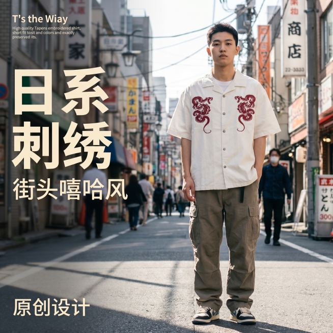 [单张主图] 日系刺绣短袖衬衫，采用高级氛围感主图路线，打造一张适合淘宝天猫的1:1商品主图。[画面主体] 生成年轻亚裔男模特，展示这款白色短袖衬衫，模特自然站立在日本街头，姿势生动松弛。模特上身穿着预览效果