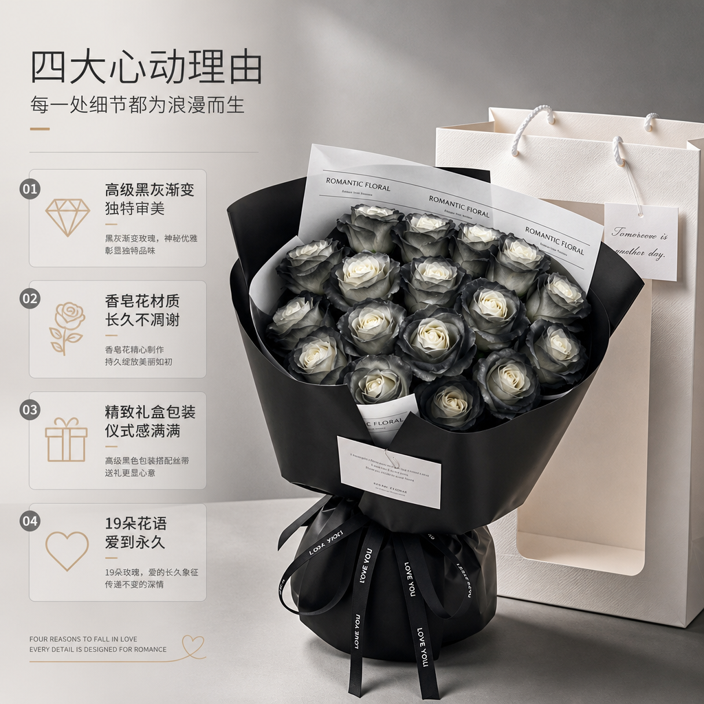 [商品] 使用【图2】黑骑士渐变玫瑰香皂花束（19朵）；保留黑… - 图片创意预览