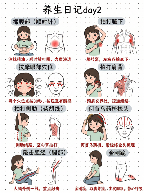 手绘风格养生日记，A4竖版，顶部写黑色手写体标题“养生日记day2”，8个养生动作分左右两列排版，每个动作都采用同一个女孩形象，也就是何首乌药梳梳头的那个女孩形象，每个动作配标准简笔画卡通版女孩人体穴预览效果