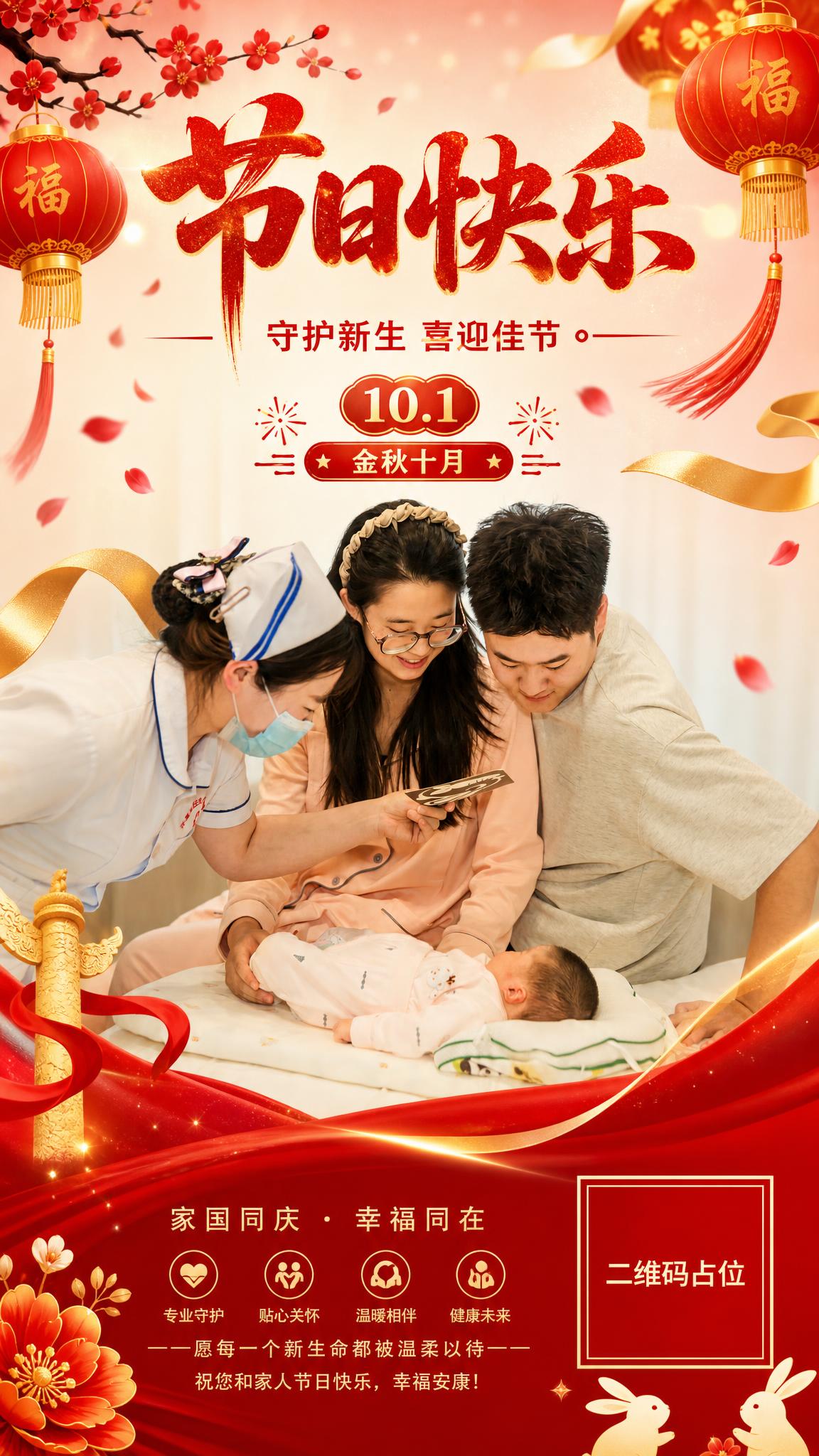 将参考图制作成喜庆节日海报，保留原图中护士指导一家三口看新生儿… - 图片创意预览