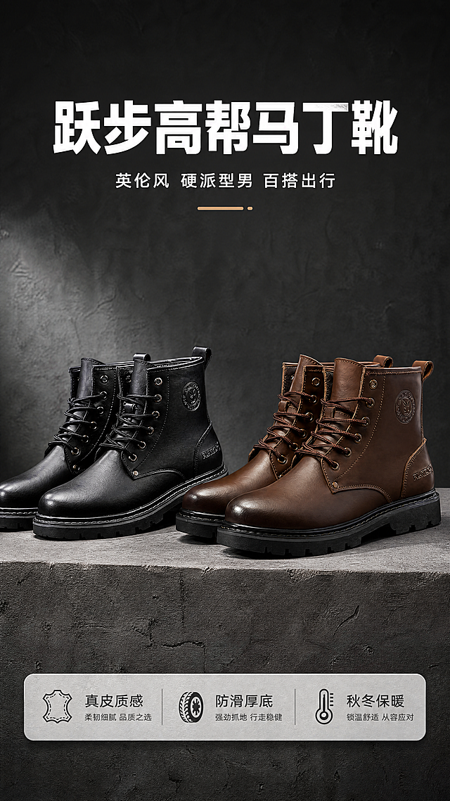 [第1屏] 跃步男鞋详情页头图，展示黑色和棕色两款高帮马丁靴全景。本屏使用【图1】作为黑色款参考，【图2】作为棕色款参考。
[氛围/风格] 复古工装风，硬朗高级氛围感，商业摄影质感，画面干净有品质感。
[元素布局] 黑色款在画面左侧，棕色款在画面右侧，两款各占一半左右画面，整体占据画面65%-75%主体区域。保持鞋子帮面高度、鞋带孔排列、鞋底厚度、品牌标识位置与参考图一致，黑色款颜色为纯黑，棕色款为焦糖棕，皮革纹理和厚底结构保持不变。背景为深灰渐变工业风背景，底部加入浅灰色耐磨纹理地台，顶部留出主标题区域。
[光影质感] 左前方主光打亮鞋身皮革，右侧辅光补充层次，底部自然阴影，皮革高光清晰，突出真皮质感。
[配色色系] 全局底色：#2C2C2C（深灰）；主体配色：黑色款纯黑+棕色款焦糖棕+黑色橡胶底；辅助色：#F0F0F0（浅灰文字）+ #D4A574（棕色点缀）。
[视角构图] 平视45度斜视角，两款鞋子对称斜放，中心对称构图，阅读动线从上到下。
[文字版式] 顶部主标题居中，主标题"跃步高帮马丁靴"白色加粗大字，主标题下方副标题"英伦风 硬派型男 百搭出行"白色小字，底部浅灰色信息条放卖点"真皮质感/防滑厚底/秋冬保暖"，文字排版整齐不遮挡鞋子主体。
[比例分辨率] 9:16竖版比例，4K分辨率，文字清晰可辨，超高清。
[负向提示词] 鞋子变形，鞋带缺失，鞋底结构错误，颜色偏差，水印，文字错乱，产品图模糊，背景杂乱。